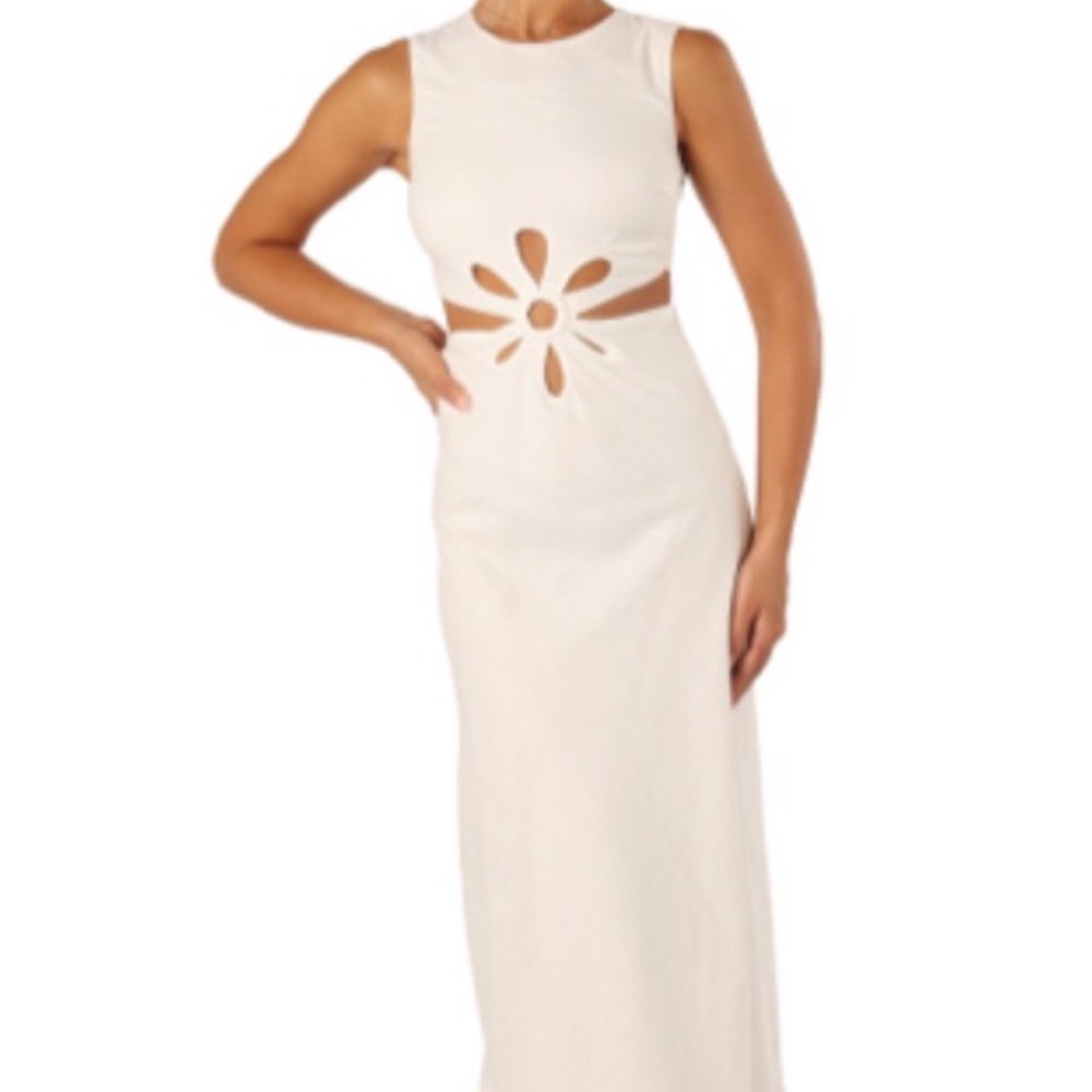 Petal & Pup Sola Dress - White Linen Sheath Midi Dress with Cutout